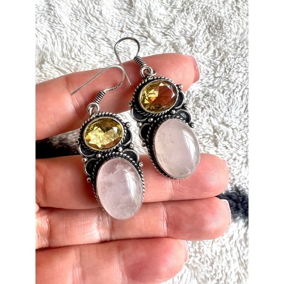 Handmade Jewelry - 925 Rose Quartz + Citrine Earrings